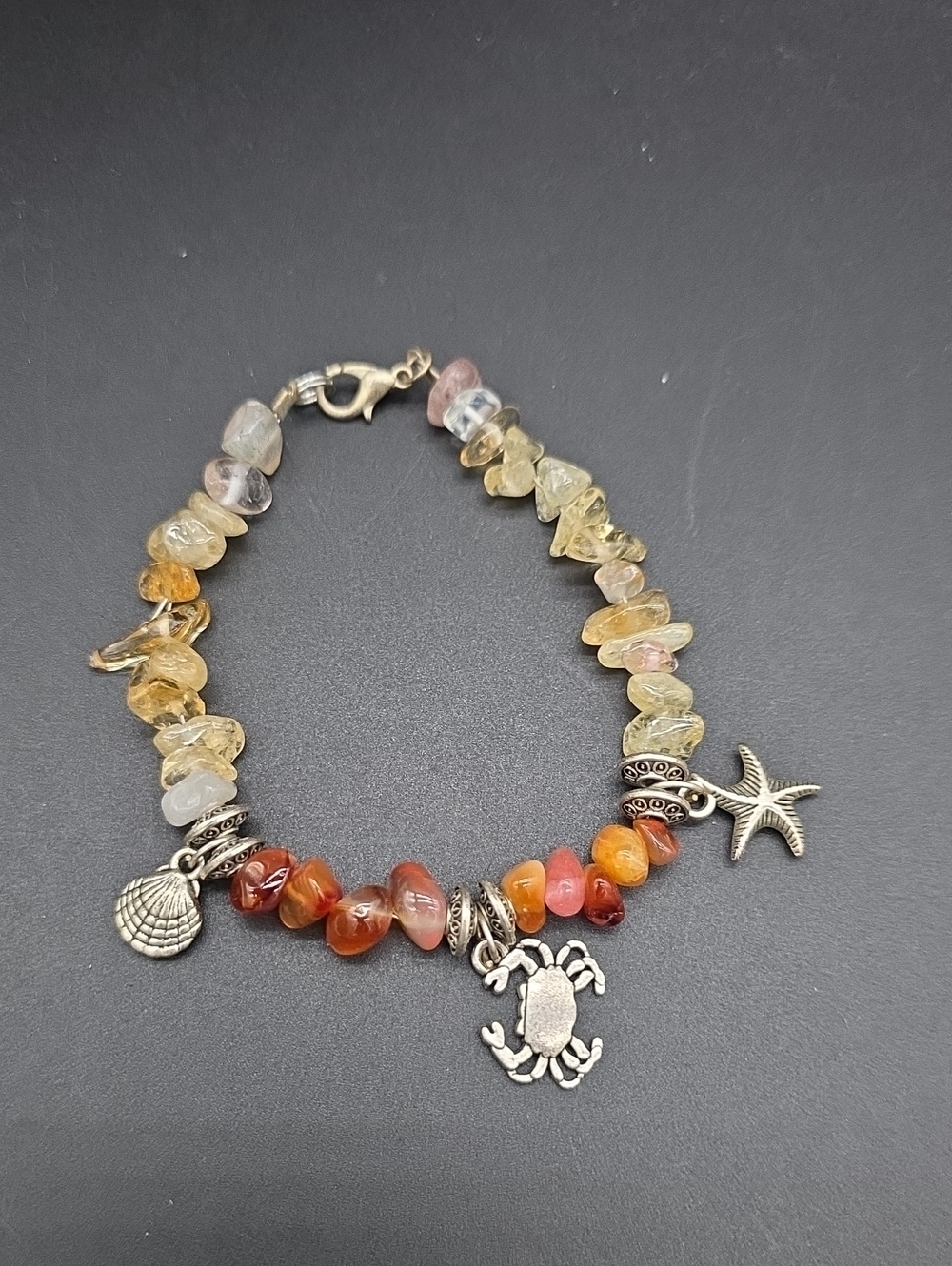 Beaded Beach Charm Bracelet - Multicolor Gemstone with Silver Toned Charms